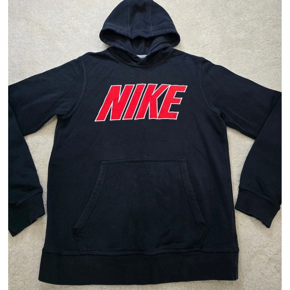 Nike Men's Size Small Black Hoodie Pullover‎ Red White Logo Sweatshirt